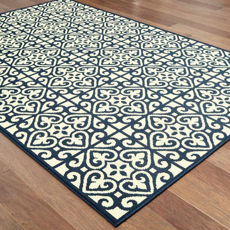Style Haven Marianna Two-Tone Tile Navy/ Off-White Loop Pile Indoor Outdoor Rug