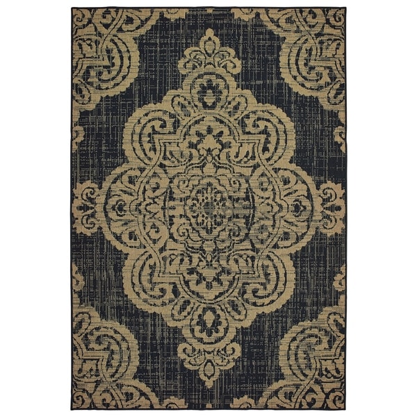 Havenside Home Portage Center Medallion Black/ Tan Loop Pile Indoor/ Outdoor Area Rug - 2'5" x 4'5"