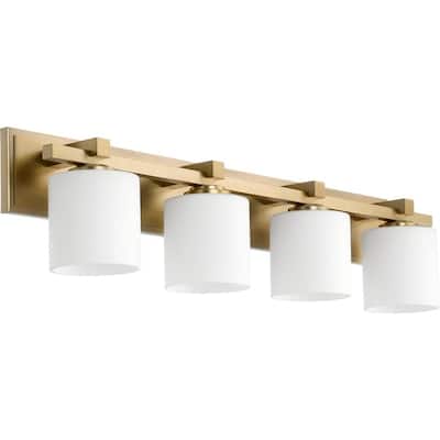 Quorum International Satin Opal Short Cylinder Glass Vanity or Sconce Family, 4 Light. - Aged Brass - Aged Brass