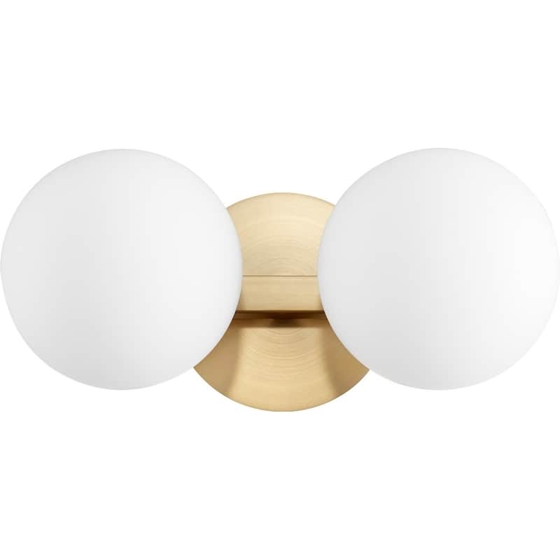 Quorum International White Satin Opal 2 Light Globe Vanity Fixture. - Aged Brass