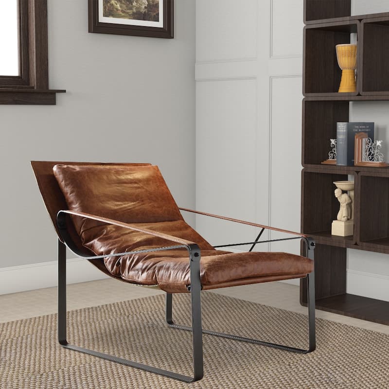 Metal & Leather Accent Lounge Chair, Cocoa Brown