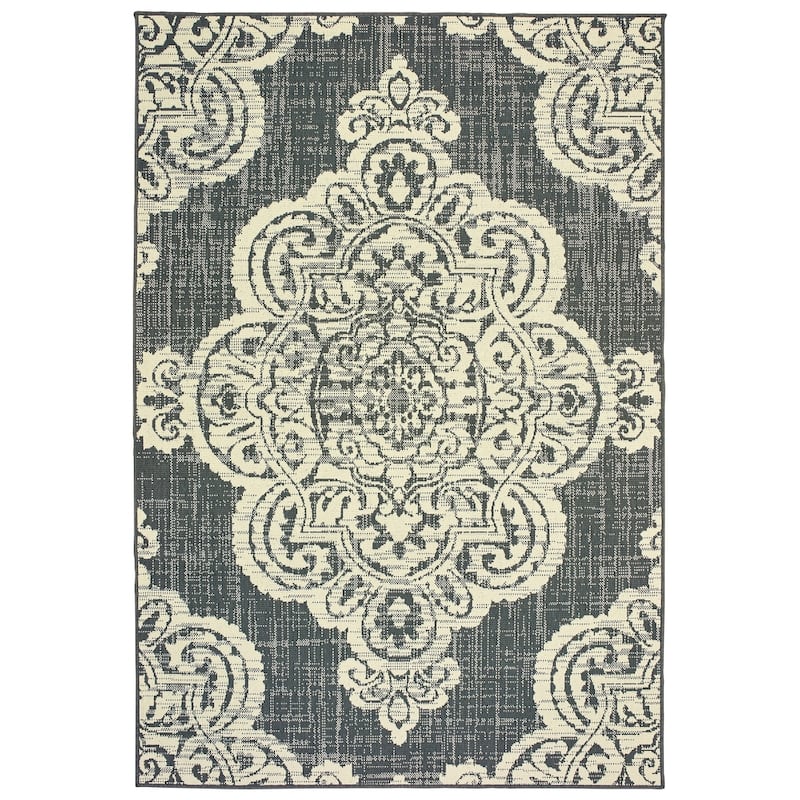Style Haven Marianna Center Medallion Loop Pile Indoor Outdoor Rug - 8'6" x 13' - Grey/Off-White