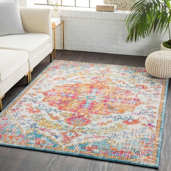 Caressa Orange & Teal Distressed Bohemian Medallion Area Rug - 7'10 x 10'3