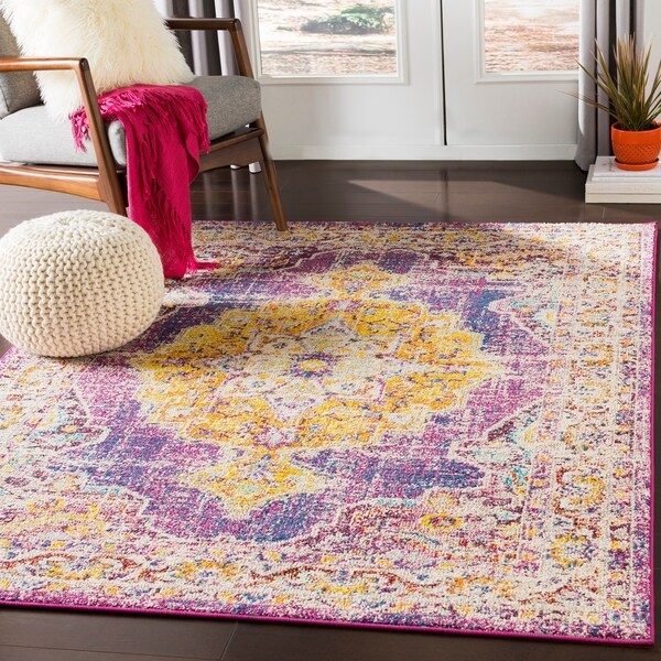 Mirvet Fuchsia & Saffron Vintage Distressed Medallion Area Rug - 7'10" x 10'3"