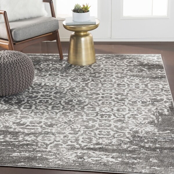 Tours Dark Gray Overdyed Damask Area Rug - 7'10" x 10'3"