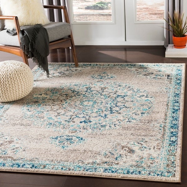 Aicha Light Gray & Teal Traditional Medallion Area Rug - 6'7" x 9'