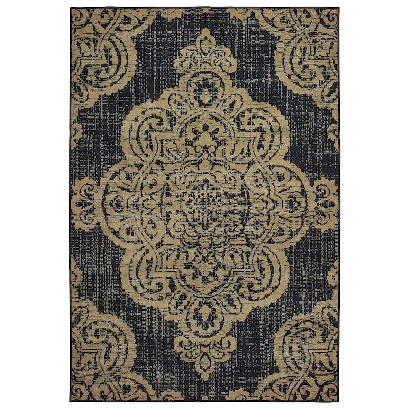 Style Haven Marianna Center Medallion Loop Pile Indoor Outdoor Rug - 1'9" x 3'9" - Black/Tan