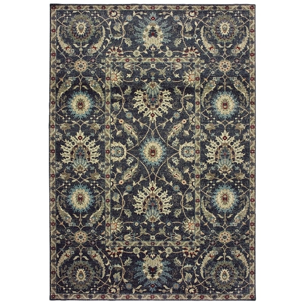 New Traditions Floral Navy/ Ivory Dense Pile Area Rug - 9'10" x 12'10"