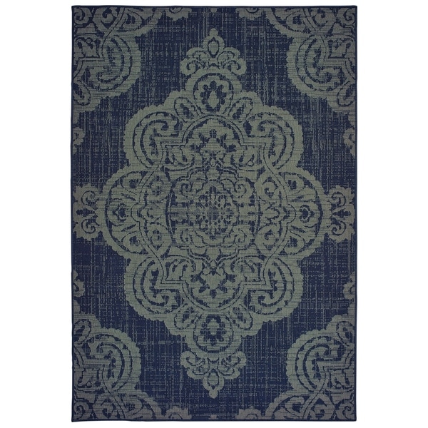 Havenside Home Portage Center Medallion Navy/ Grey Loop Pile Indoor/ Outdoor Area Rug - 1'9" x 3'9"
