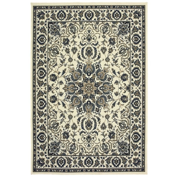 Havenside Home Brevig Mission Medallion Ivory/ Navy Loop Pile Indoor/ Outdoor Area Rug - 6'7" x 9'6"