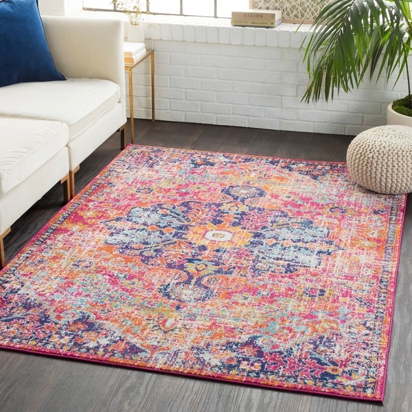 Caressa Pink & Orange Distressed Bohemian Medallion Area Rug - 2' x 3'