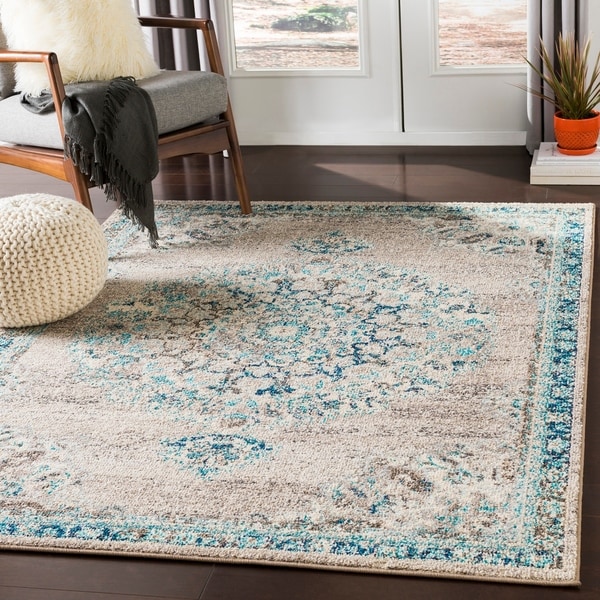 Aicha Light Gray & Teal Traditional Medallion Area Rug - 2' x 3'
