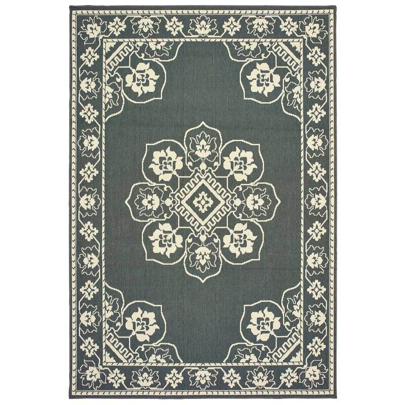 Style Haven Marianna Bordered Medallion Loop Pile Indoor Outdoor Area Rug - 6'7" x 9'6" - Grey/Off-White