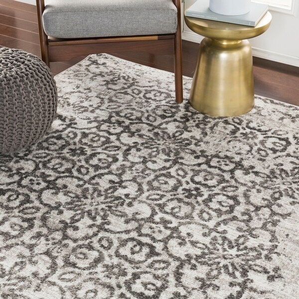 Tours Light Gray Distressed Damask Area Rug - 7'10" x 10'3"