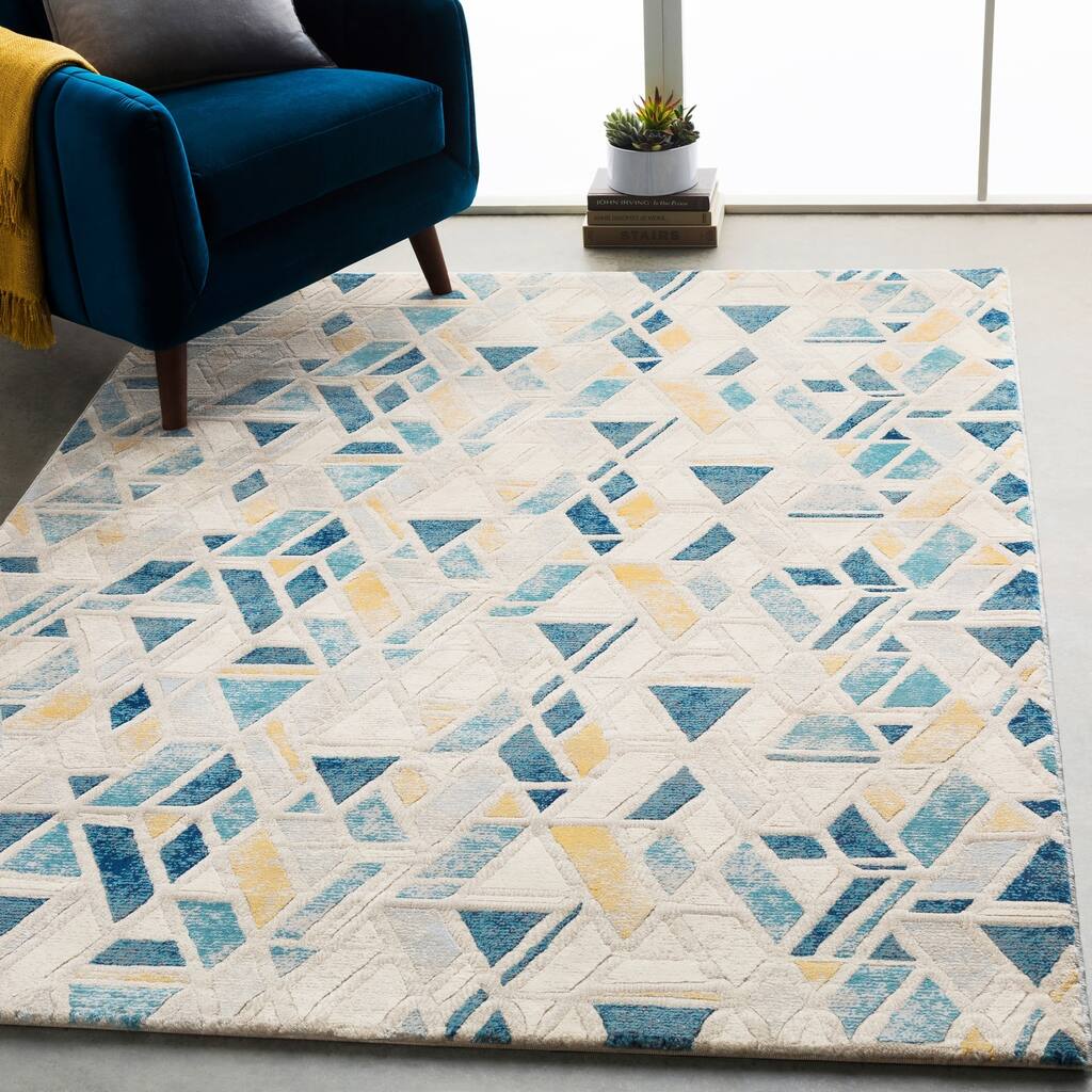 Monae Teal & Yellow Mid-Century Geometric Area Rug (7'10" x 10'3") - 7'10" x 10'3"