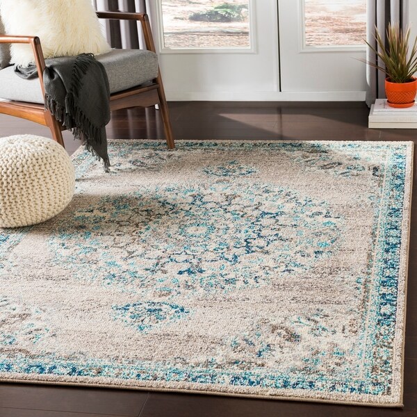 Aicha Light Gray & Teal Traditional Medallion Area Rug - 9'3" x 12'3"