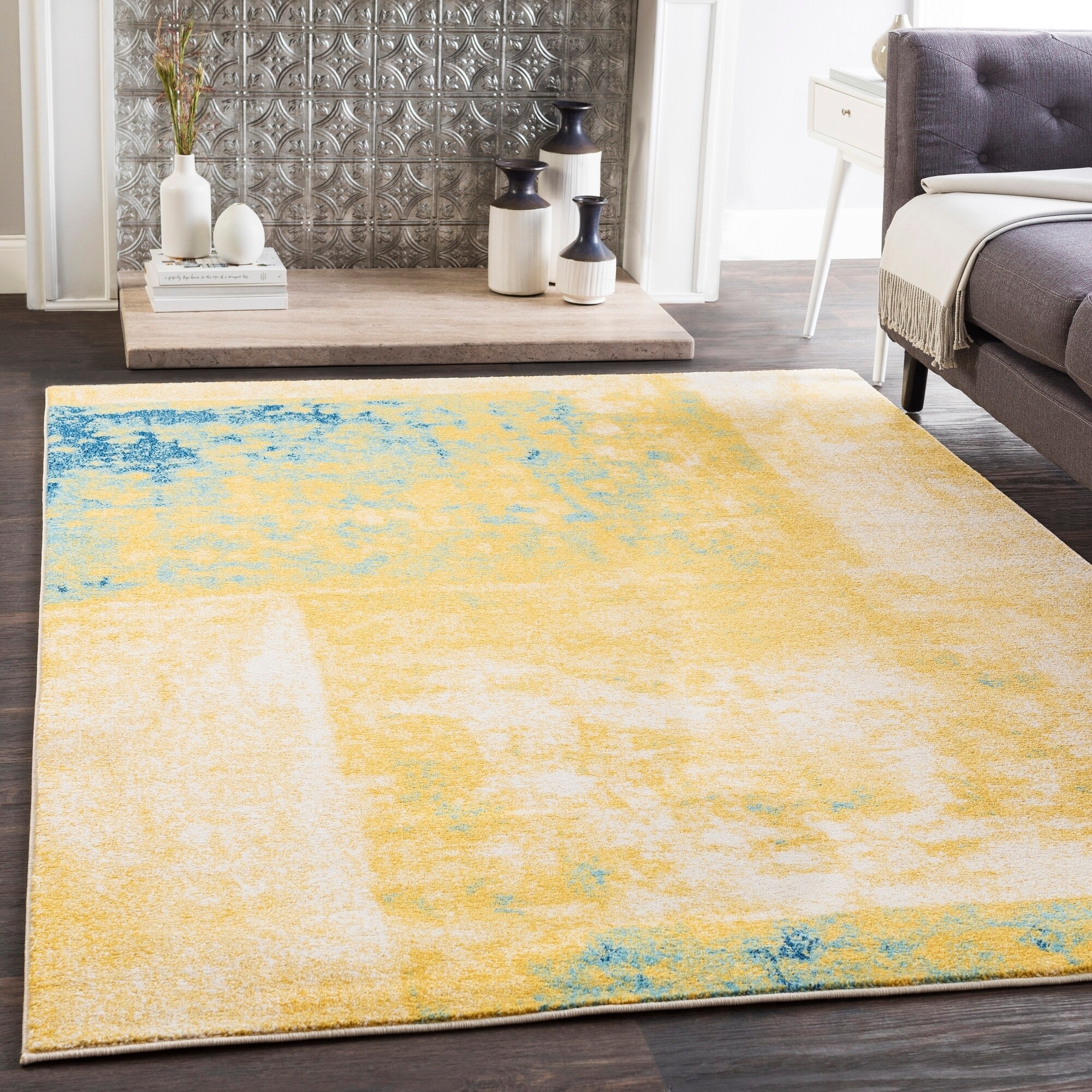 Talia Yellow & Teal Modern Block Print Area Rug - 2' x 3' - Bed