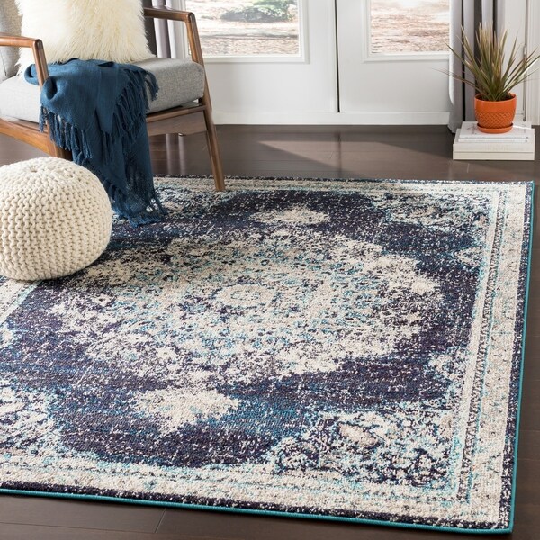 Aicha Navy & Teal Vintage Distressed Medallion Area Rug - 5'3" x 7'3"