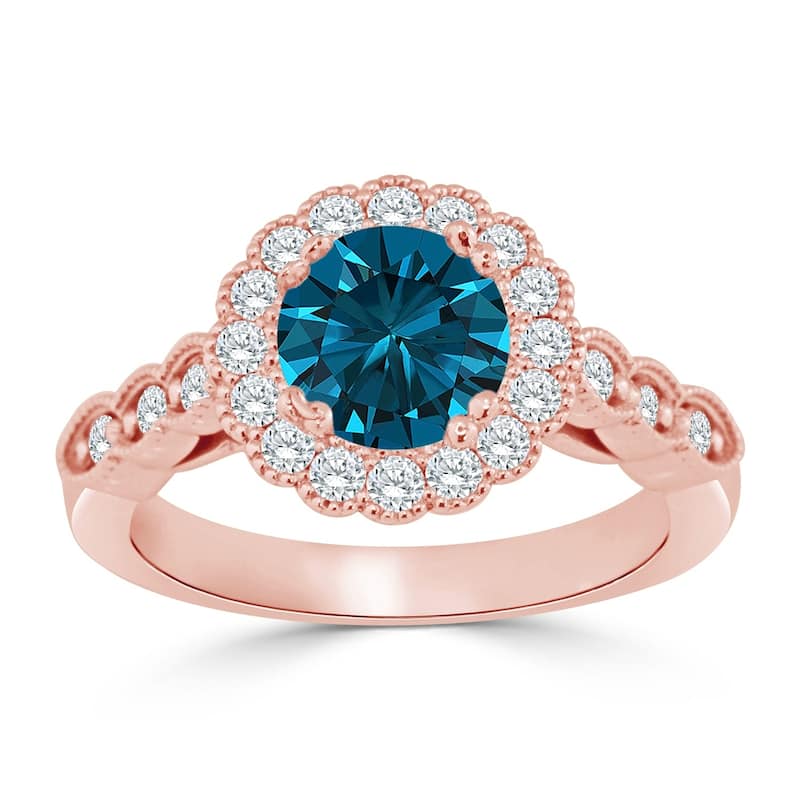 Auriya 14k Gold Vintage Inspired 1 1/2ct TDW Round Blue Diamond Floral Halo Engagement Ring