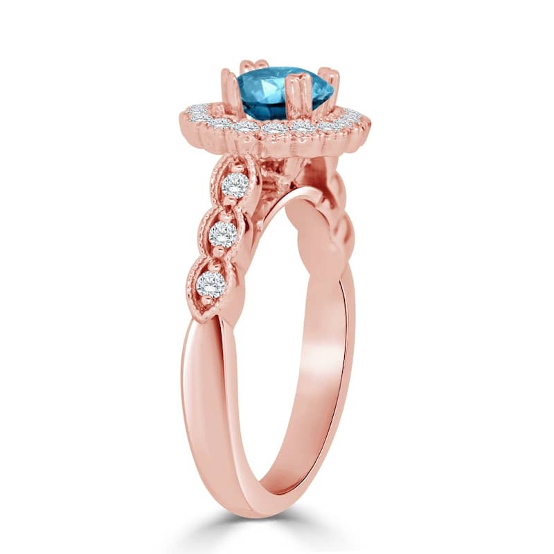 Auriya 14k Gold Vintage Inspired 1 1/2ct TDW Round Blue Diamond Floral Halo Engagement Ring