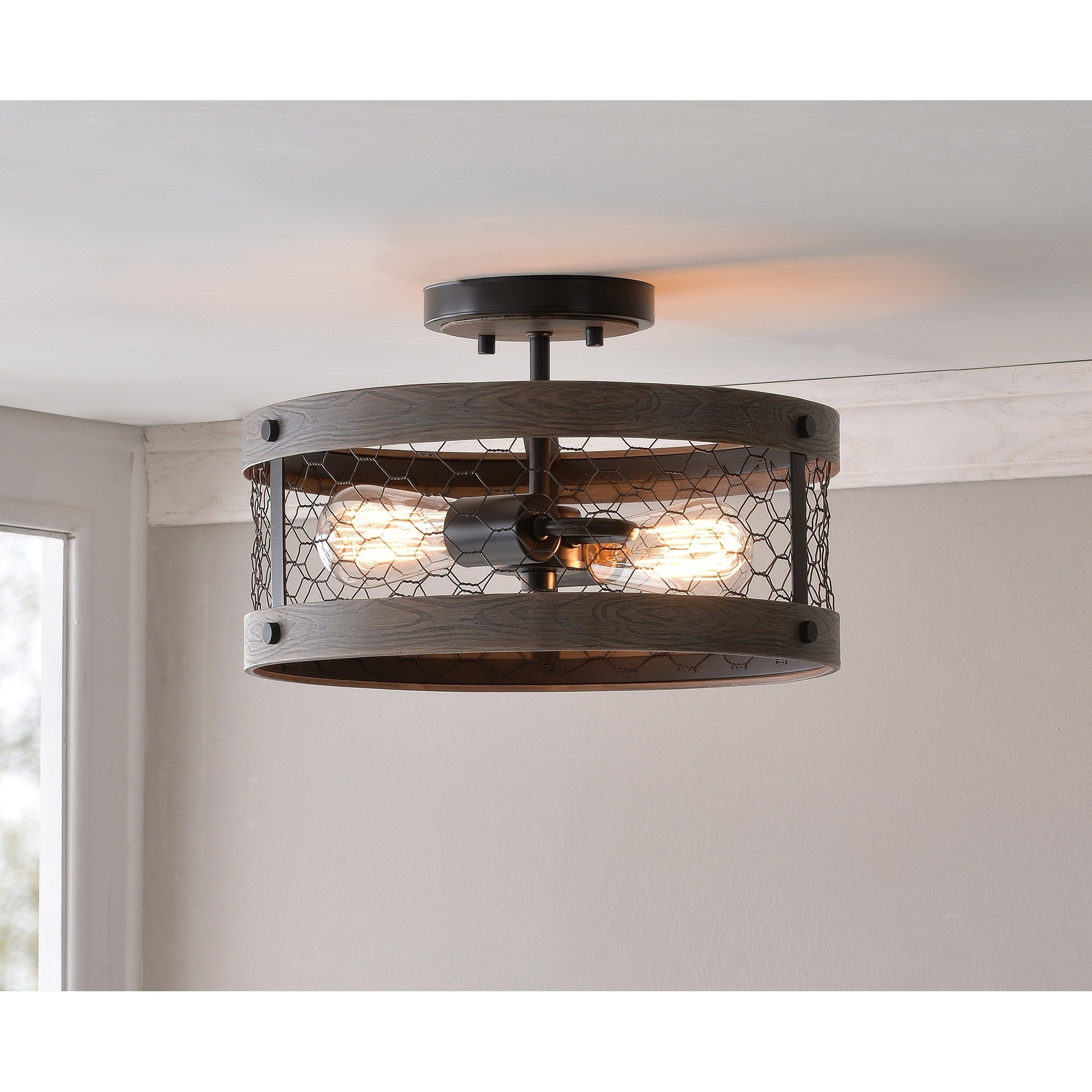 Grayson 2 Light Semi Flush Mount Wood And Oil Rubbed Bronze