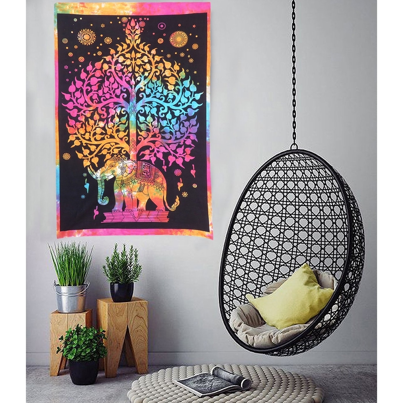 Multicolor Tree Elephant Ethnic Tapestry Poster Indian Wall Hanging Cotton Decor