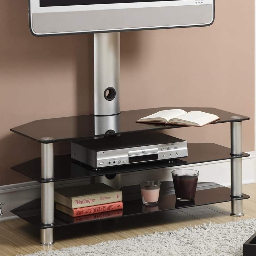 Metal And Glass TV Stand Silver And Black