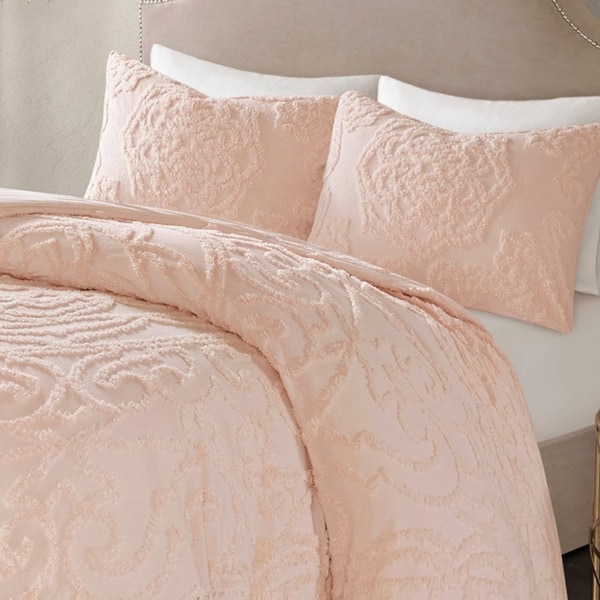 Luxury 3pc Blush Pink Cotton Chenille Medallion Comforter AND Decorative Shams