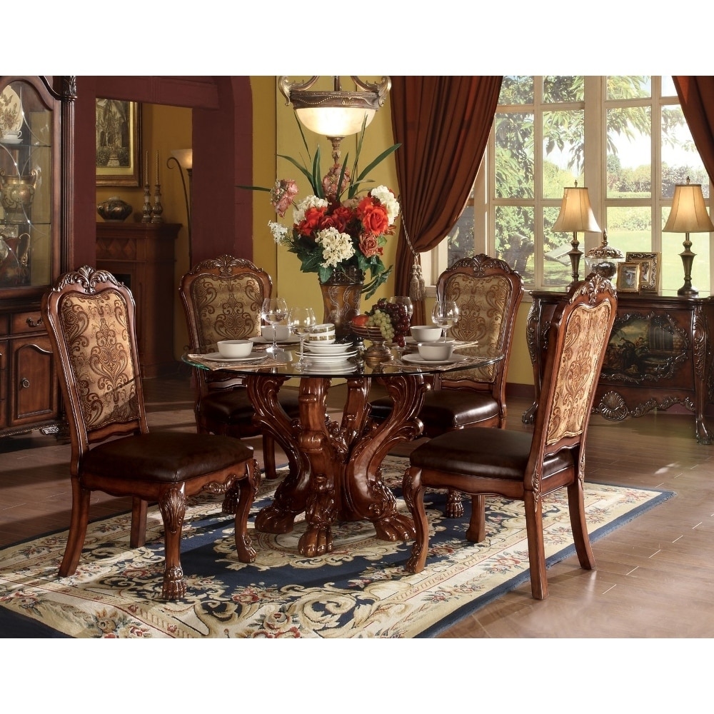 Benzara Imperial Dining Table with Pedestal, Cherry Oak Brown