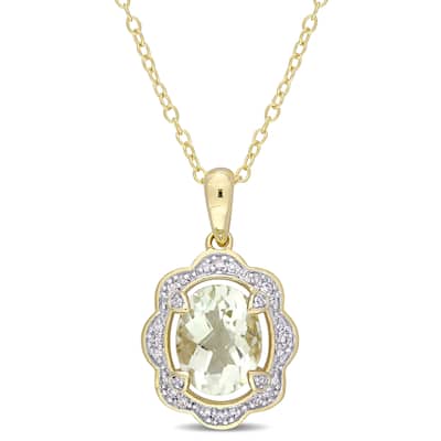 Miadora Yellow Plated Sterling Silver Green Amethyst and 1/10ct TDW Diamond Floral Halo Necklace
