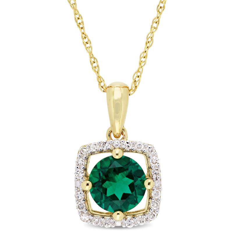 Miadora 10k Yellow Gold Created Emerald and 1/10ct TDW Diamond Floating Square Halo Dangle Necklace