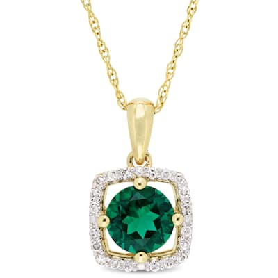Miadora 10k Yellow Gold Created Emerald and 1/10ct TDW Diamond Floating Square Halo Dangle Necklace