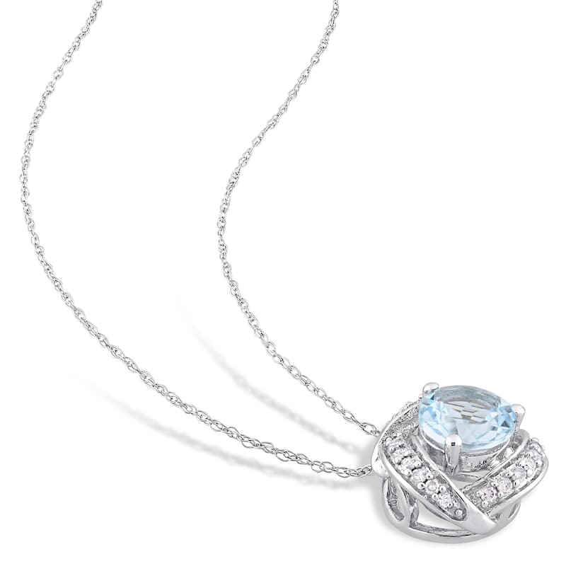 Miadora 10k White Gold Sky-Blue Topaz and 1/10ct TDW Diamond Swirl Halo Necklace