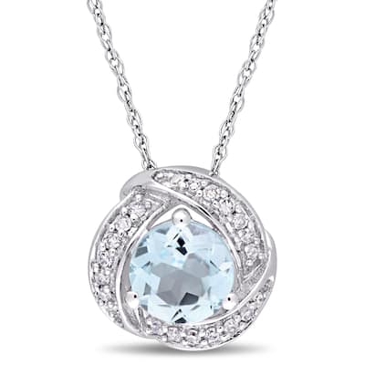 Miadora 10k White Gold Sky-Blue Topaz and 1/10ct TDW Diamond Swirl Halo Necklace