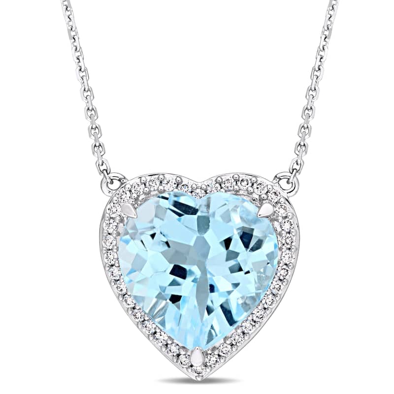 Miadora Signature Collection 14k White Gold Sky-Blue Topaz and 1/5ct TDW Diamond Heart Halo Station Necklace