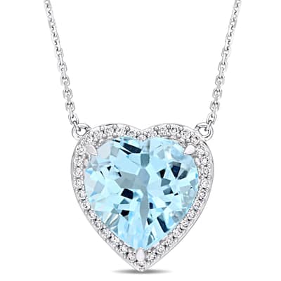 Miadora Signature Collection 14k White Gold Sky-Blue Topaz and 1/5ct TDW Diamond Heart Halo Station Necklace