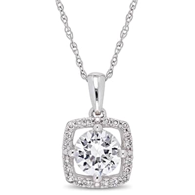 Miadora 10k White Gold Created White Sapphire and 1/10ct TDW Diamond Floating Square Halo Dangle Necklace