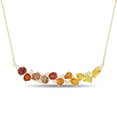 Miadora Signature Collection 14k Yellow Gold Orange and Yellow Sapphire with 1/3ct TDW Diamond Clustered Bar Necklace