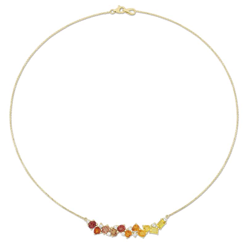 Miadora Signature Collection 14k Yellow Gold Orange and Yellow Sapphire with 1/3ct TDW Diamond Clustered Bar Necklace