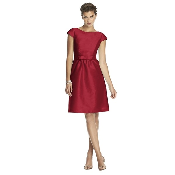 Alfred Sung Dupioni Bateau Neck Cocktail Length Dress with Bow