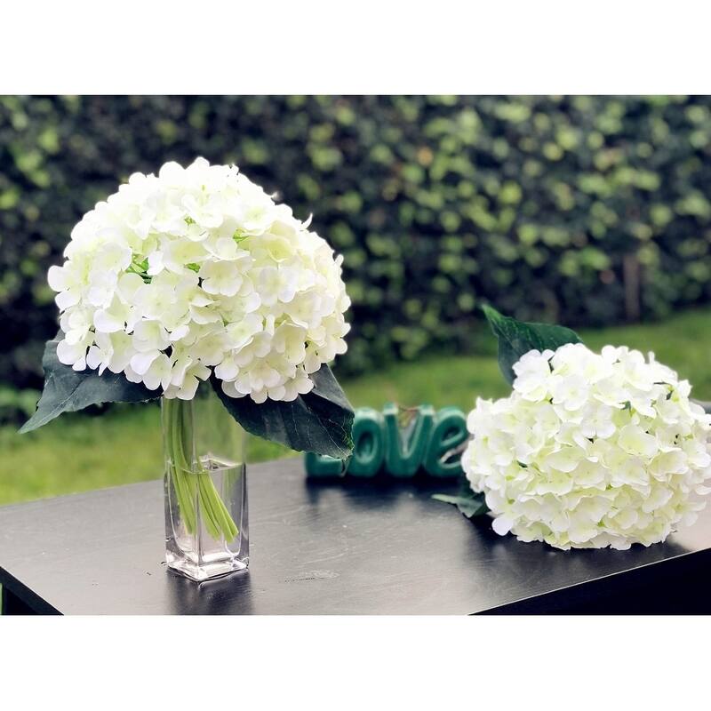 Enova Home Artificial Hydrangea Flower Bouquet with Glass Vase - White