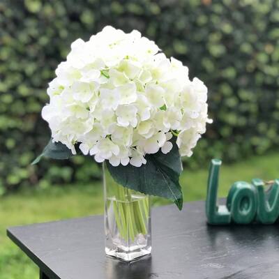 Enova Home Artificial Hydrangea Flower Bouquet with Glass Vase - White