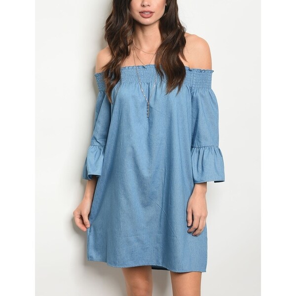 off the shoulder blue jean dress