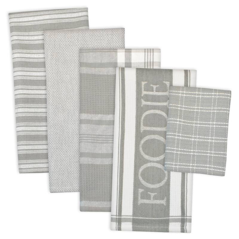 Design Imports Assorted Foodie Dishtowel & Dishcloth Set of 5 (DT: 28 inch long x 18 inch wide; DC: 13 inch long x 13 inch wide) - Gray