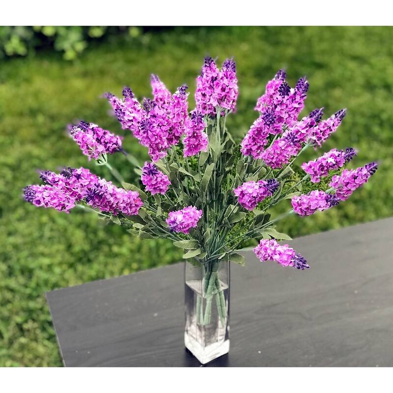 Enova Home 4 Pack Lavender Bushes with Glass Vase - Purple