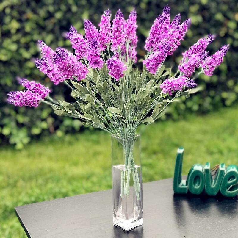 Enova Home 4 Pack Lavender Bushes with Glass Vase - Purple