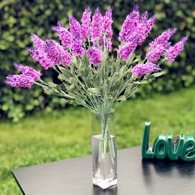 Enova Home 4 Pack Lavender Bushes with Glass Vase - Purple