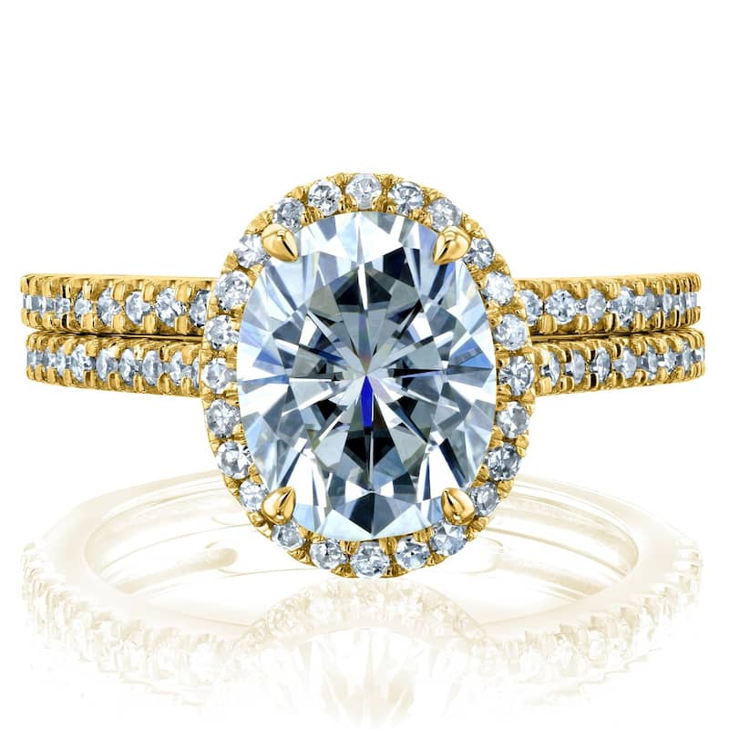 Annello by Kobelli 14k Gold 2 3/8ct TGW Forever One Moissanite and Diamond Oval Halo Bridal Rings Set (DEF/VS, GH/I)