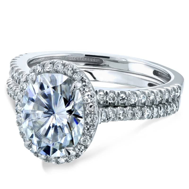 Annello by Kobelli 14k Gold 2 3/8ct TGW Forever One Moissanite and Diamond Oval Halo Bridal Rings Set (DEF/VS, GH/I)