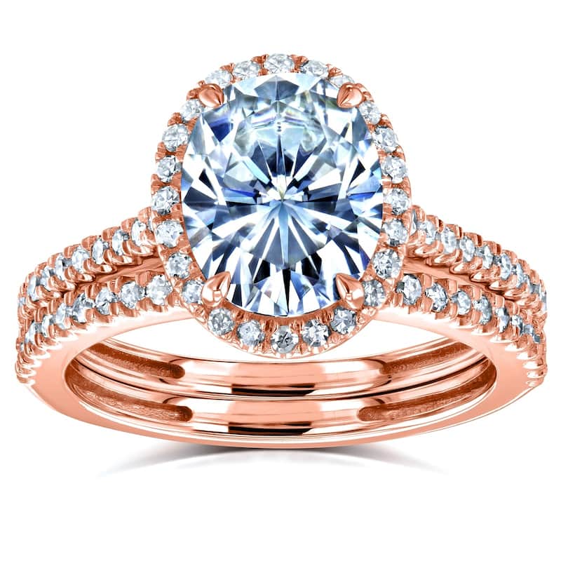 Annello by Kobelli 14k Gold 2 3/8ct TGW Forever One Moissanite and Diamond Oval Halo Bridal Rings Set (DEF/VS, GH/I)